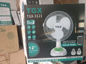 TGX 12" Rechargeable Table Fan With Solar Panel and Two Bulbs