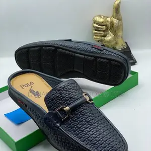 Polo Woven Leather Bit Mules in Navy Blue