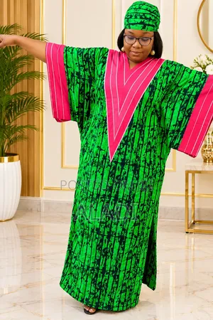 Elegant Green Pink Ankara Kaftan/Bubu With Matching Headwrap