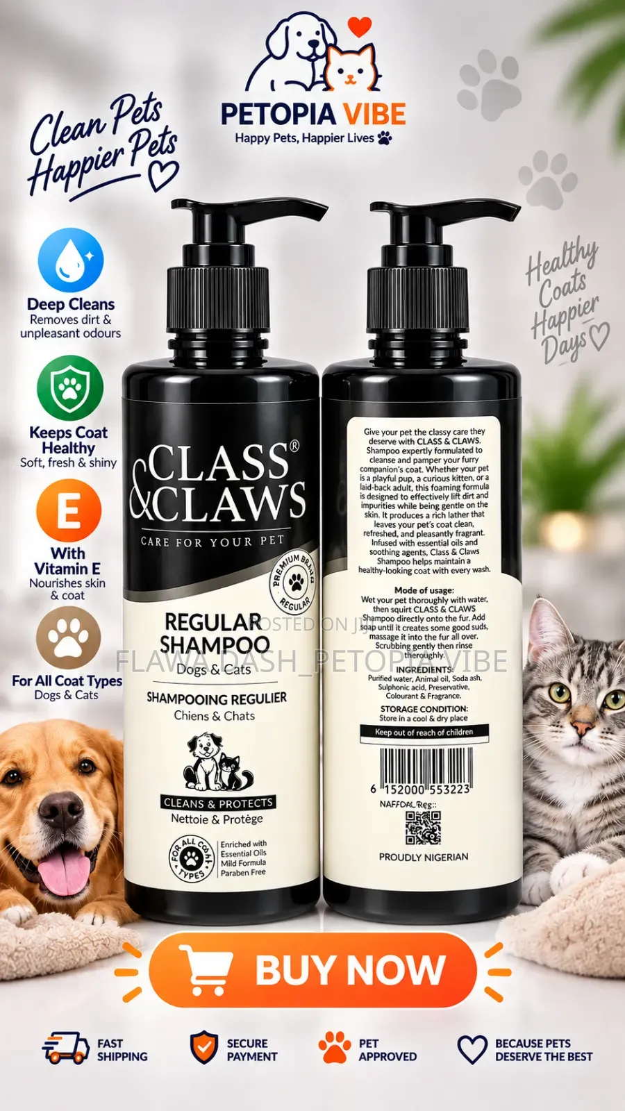 CLASS CLAWS Regular Pet Shampoo for Dogs Cats – 500ml