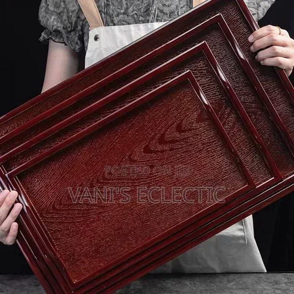 Premium 4-Piece Nested Rectangular Serving Trays Set - Red Copper Wood