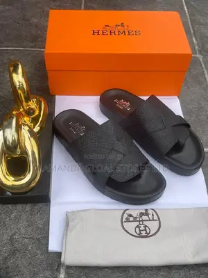 Hermès Textured Cross-Strap Sandals in Black