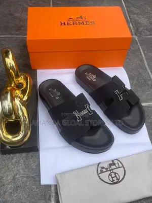 Hermès Leather Slide Sandals With Silver H-Buckle