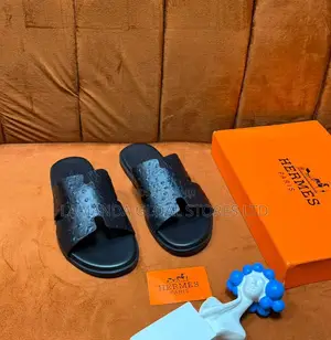 Hermès Ostrich-Embossed "H" Slide Sandals in Black