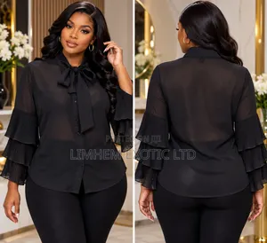 Elegant Black Pleated Sleeve Bow Shirt