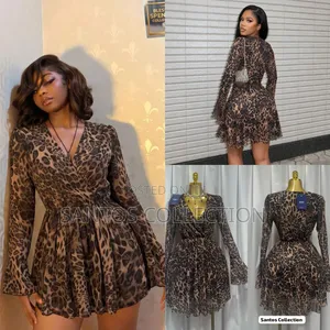 Chic Leopard Print Wrap Mini Dress - Long Flare Sleeve - S M L