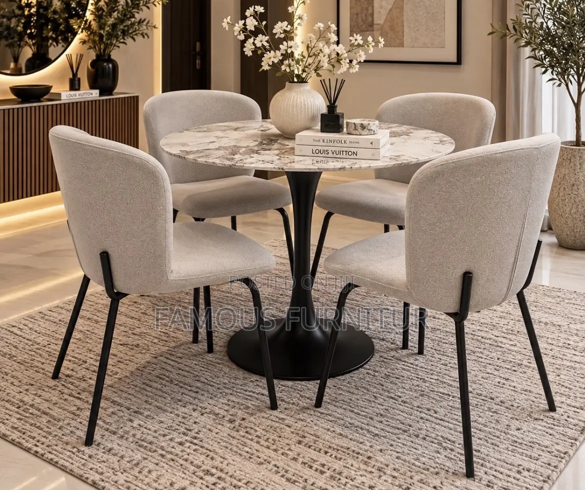 Mini Dining Set Features an Elegant Round Marble-Patterned Table