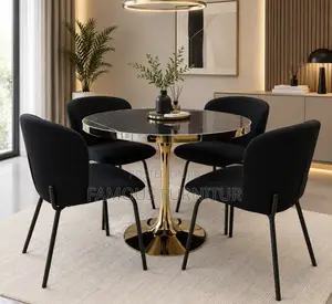 Modern 4 _Piece Round Dining Set Featuring a Black Faux-Marble Top