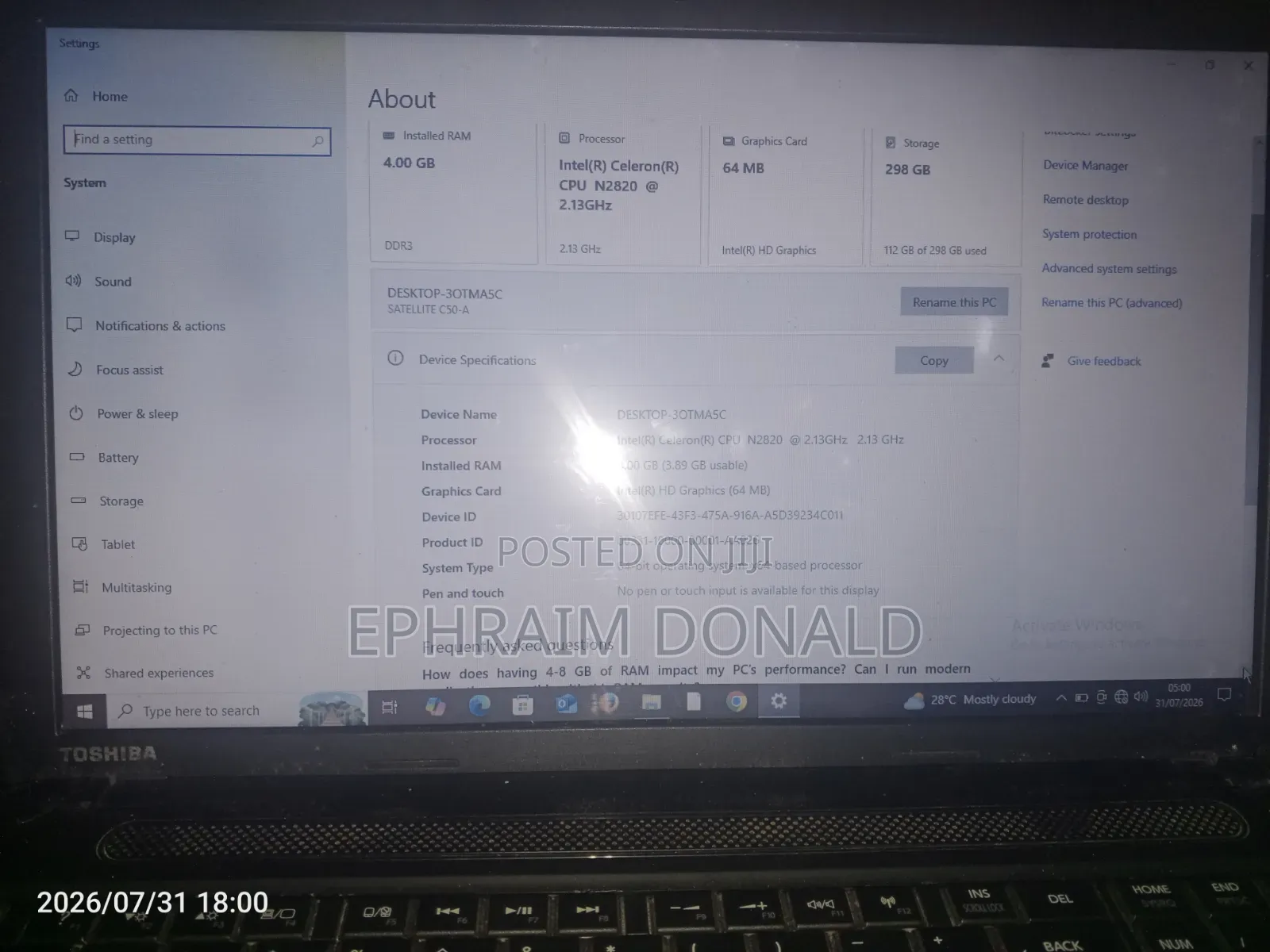Laptop Toshiba C50 4GB Intel Pentium HDD 350GB