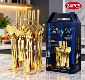 24PC Luxury Gold Stainless Steel Cutlery Set With Elegant Storage Rack