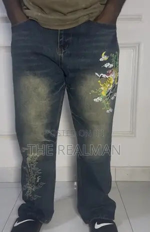 Men's Oriental Tiger Embroidered Japanese Style Baggy Denim Jeans