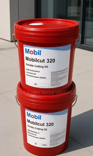 20-Liter Red Pails of Mobil Mobilcut 320 Soluble Cutting Oil.