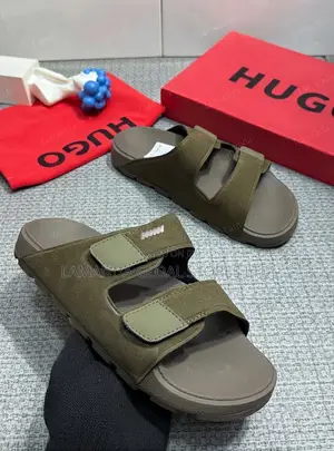 HUGO Double-Strap Suede Slide Sandals in Olive