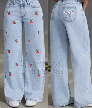 Cherry Embroidery Wide Leg Jeans - Y2K High Waist Bow Back Jeans