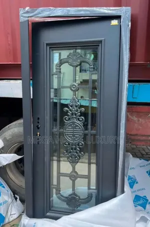 Single Panel Dark Iron Filigree Glass Door