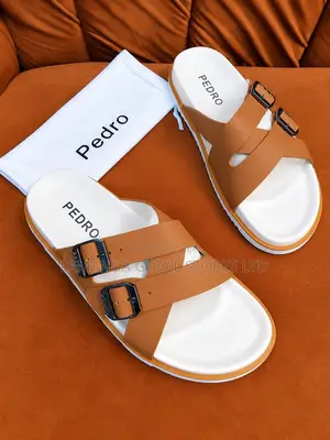 Pedro Dual-Strap Buckle Sandals in Tan and White