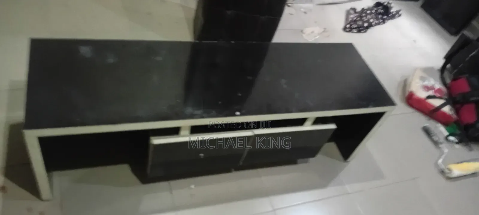 TV Console With Drawers and Open Storage Compartments.