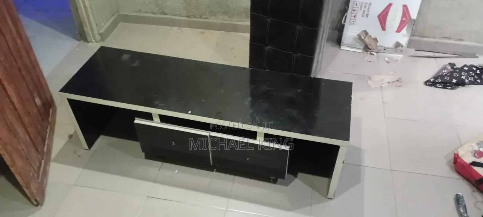 TV Console With Drawers and Open Storage Compartments.
