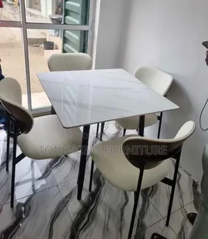 Modern Four-Seater Dining Set a Square Marble-Patterned Tabletop