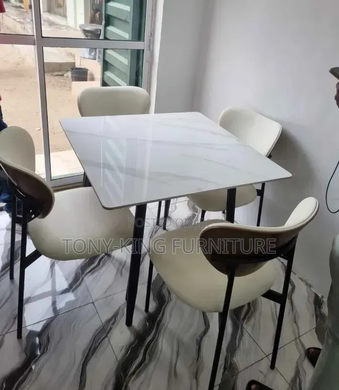 Modern Four-Seater Dining Set a Square Marble-Patterned Tabletop