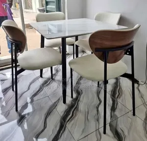 Modern Four-Seater Dining Set a Square Marble-Patterned Tabletop