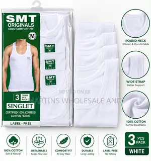 SMT Originals 3-Pack of White, Label-Free Combed Cotton Men's Tank To