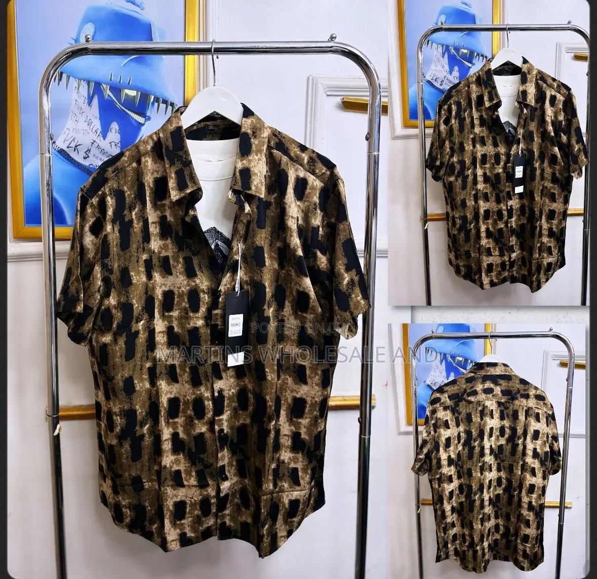 Short-Sleeve Button-Down Vintage Shirt Featuring a Striking Black An