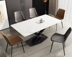 Modern Rectangular White Faux Marble Dining Table Set.
