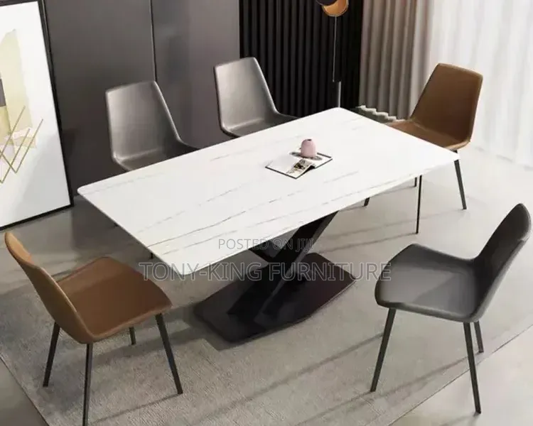 Modern Rectangular White Faux Marble Dining Table Set.