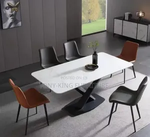 Modern Rectangular White Faux Marble Dining Table Set.
