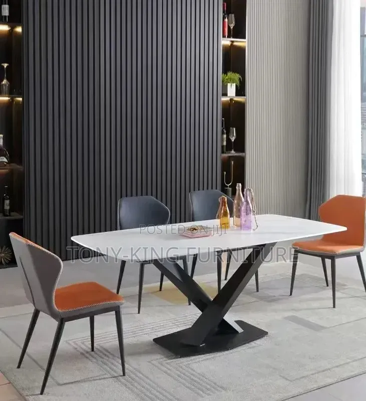 Modern Rectangular White Sintered Stone Dining Table Set.