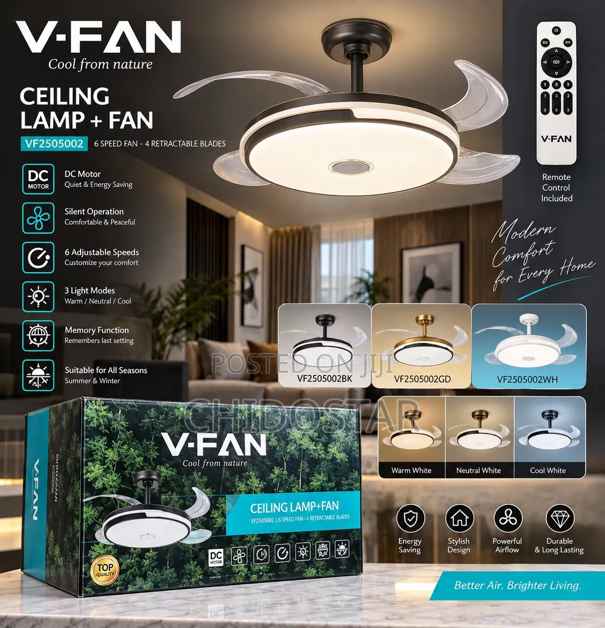 V-Fan Ceiling Fan With LED Light Remote Control