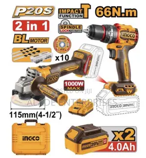 Ingco Cordless 2 PCS Combo Kit (Angle Grinder Drill 66nm)