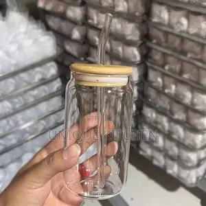 Tall Glass With Bamboo Lid and Straw 500ml