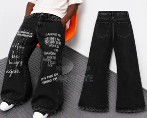 Black Unisex Wide Leg Baggy Jeans With Graphic Letter Print