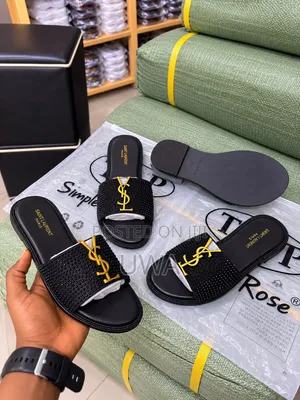 YSL Style Rhinestone Studded Flat Slide Sandals – Black With Gold