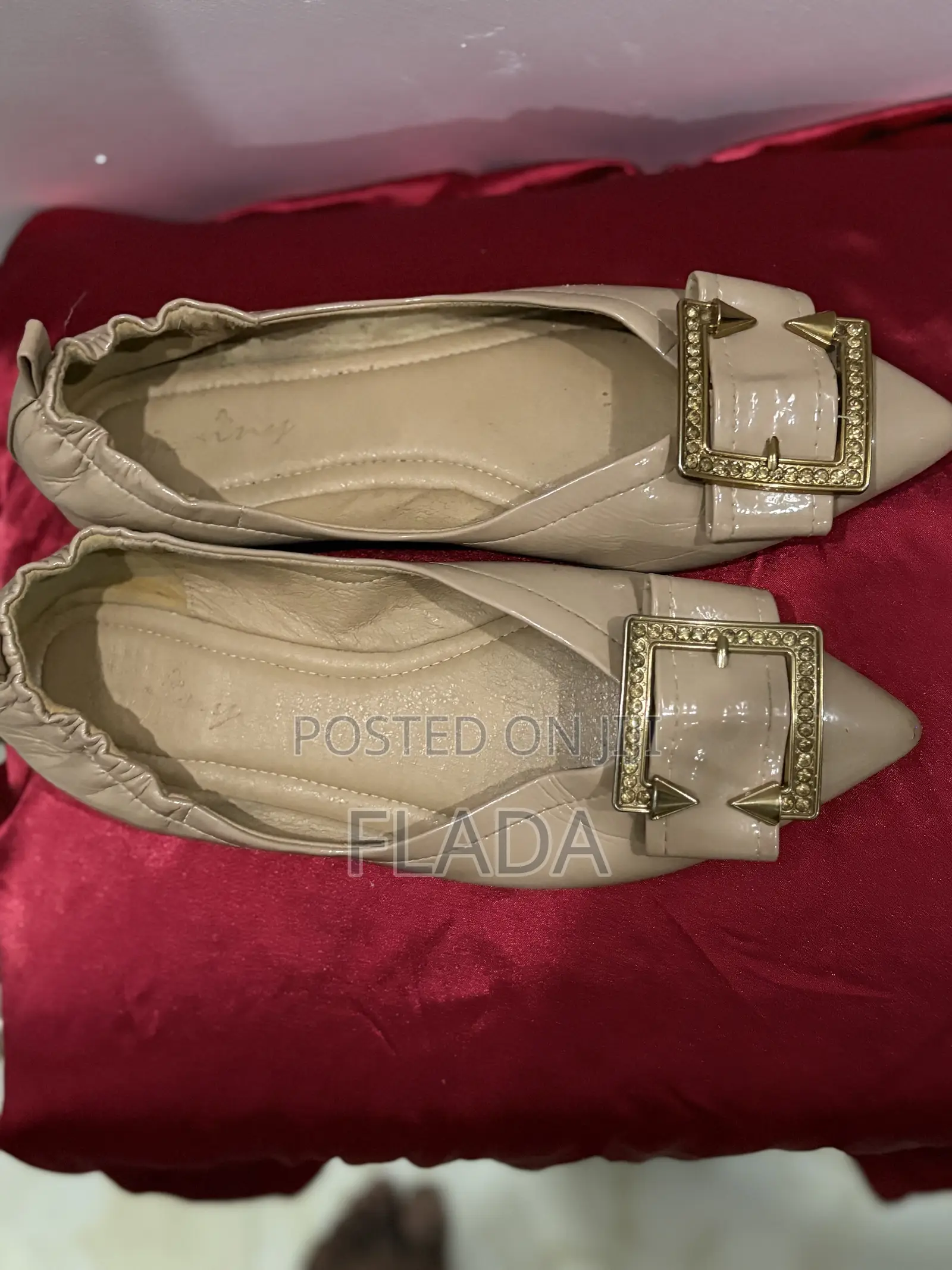 Comfortable Nude Pointed-Toe Flat Shoes With Gold Buckle