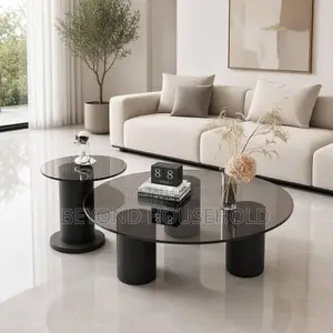 Tempered Smoked Glass Black Cylinder Coffee Table Set 2Piece