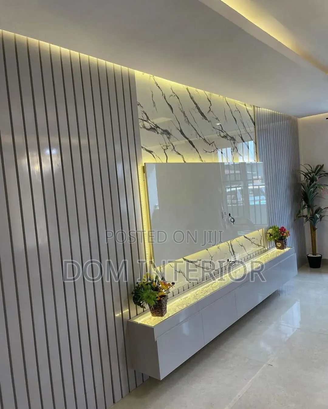 TV Console With Marble Stones Light Shelf