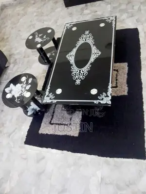 4-Piece Living Room Set - Glass Table, 2 Stools a Rug