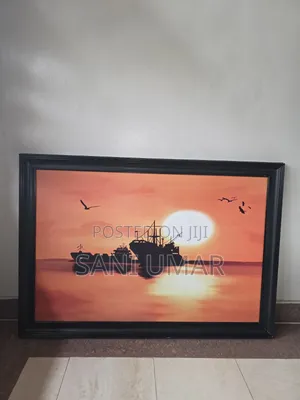 Framed Artwork- Boats Silhouetes and Sunset in Golden Background
