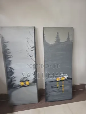 Twin Artwork- Moving Car With Goldlights, in a Gray and Wet Background