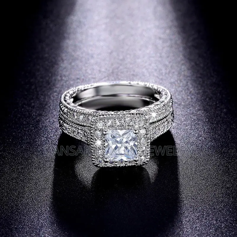 Silver-Plated Square Diamond Wedding Ring