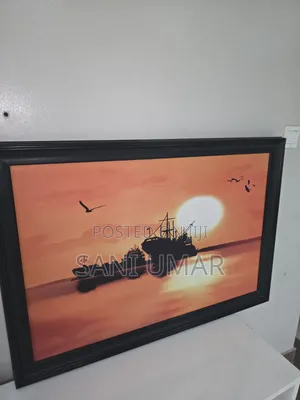Framed Artwork- Boats Silhouetes and Sunset in Golden Background