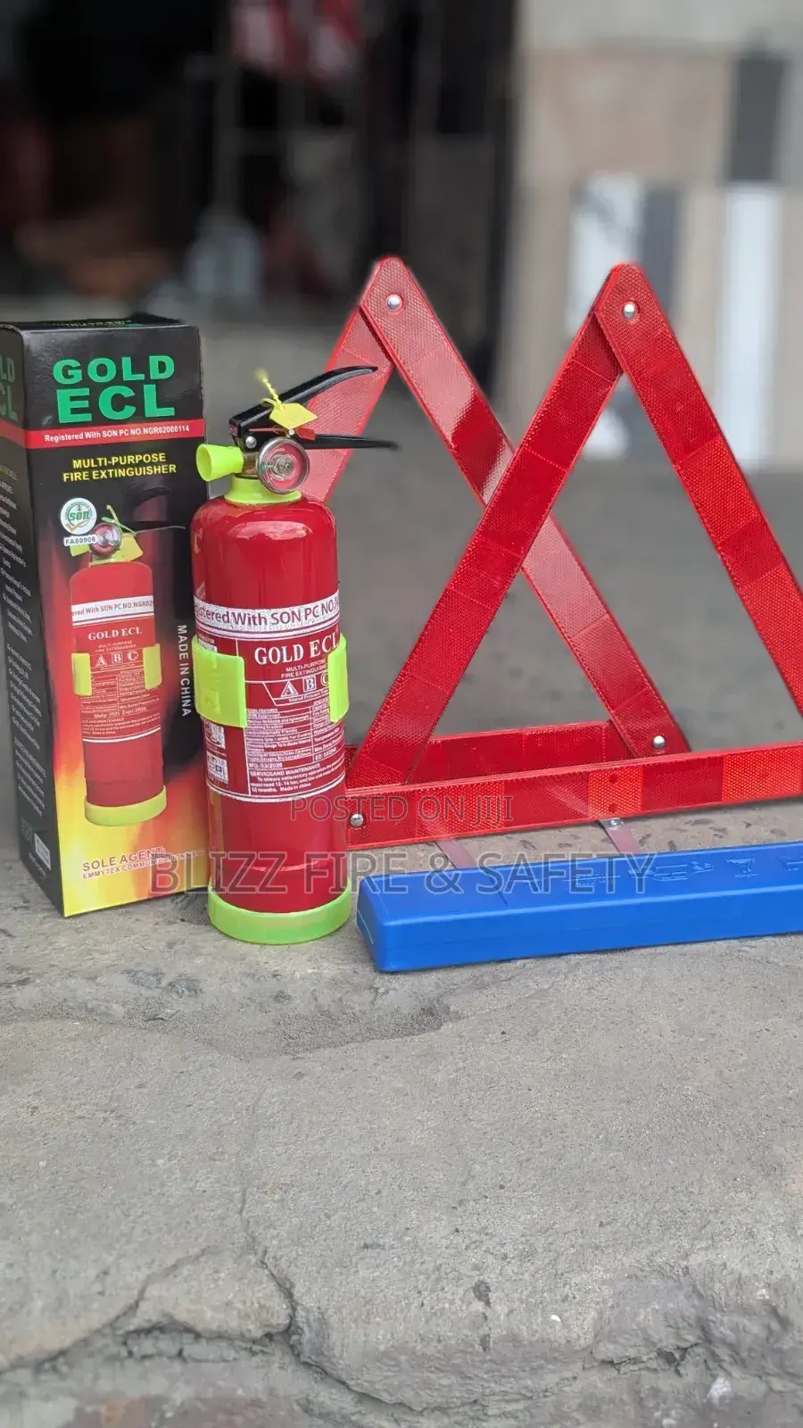 Fire Extinguisher and Reflective Warning Triangle (C-Caution)