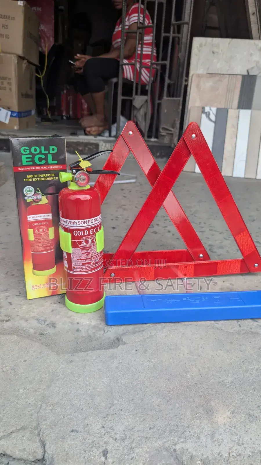 Fire Extinguisher and Reflective Warning Triangle (C-Caution)