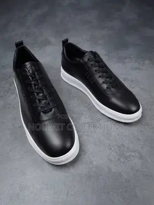 Boss Men's Black Leather Low Top Sneakers With Solid White Soles