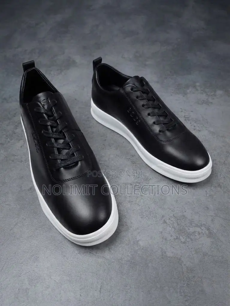 Boss Men's Black Leather Low Top Sneakers With Solid White Soles