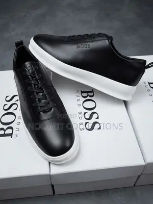 Boss Men's Black Leather Low Top Sneakers With Solid White Soles