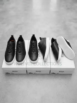 Boss Men's Black Leather Low Top Sneakers With Solid White Soles